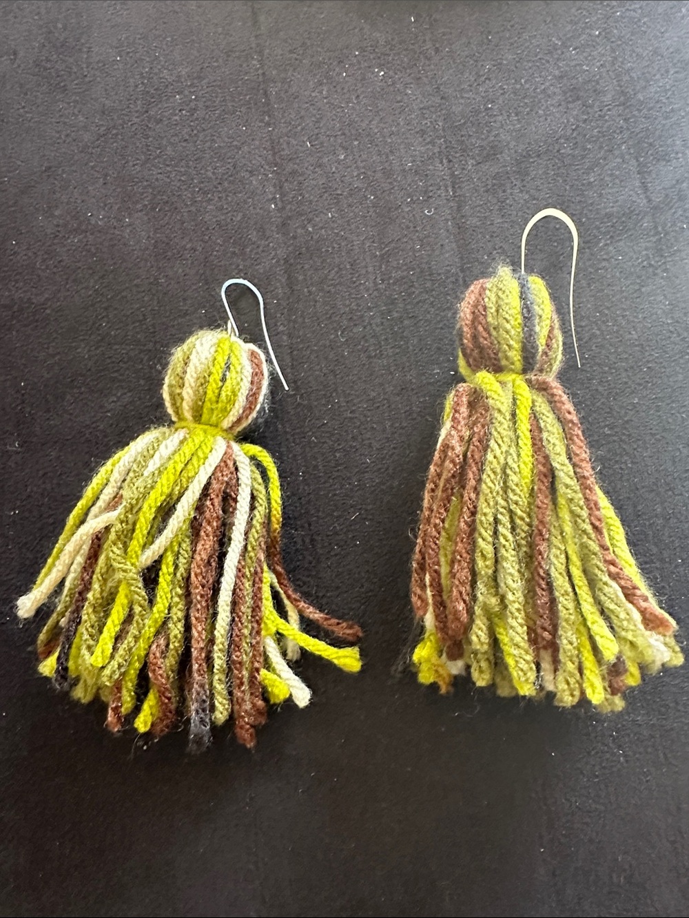 Handmade Tassel Yarn Earrings in Green & Brown